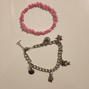 Pink and Silver Beaded and Sea Shell Charm Bracelet